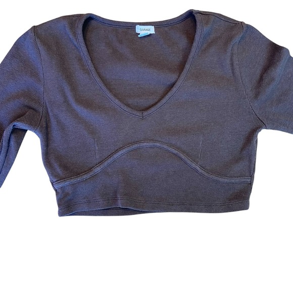 Garage Shirt Womens Small Ribbed Long Sleeve V Neck Crop Top Brown - Picture 6 of 8